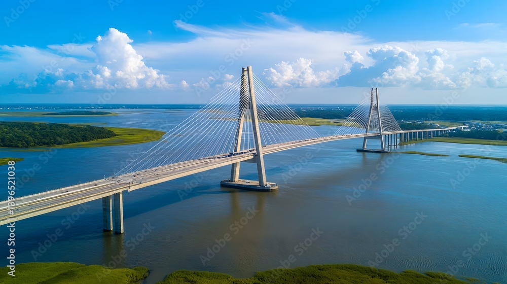 Obraz premium Cable stayed bridge spans a river with green banks under a blue sky.