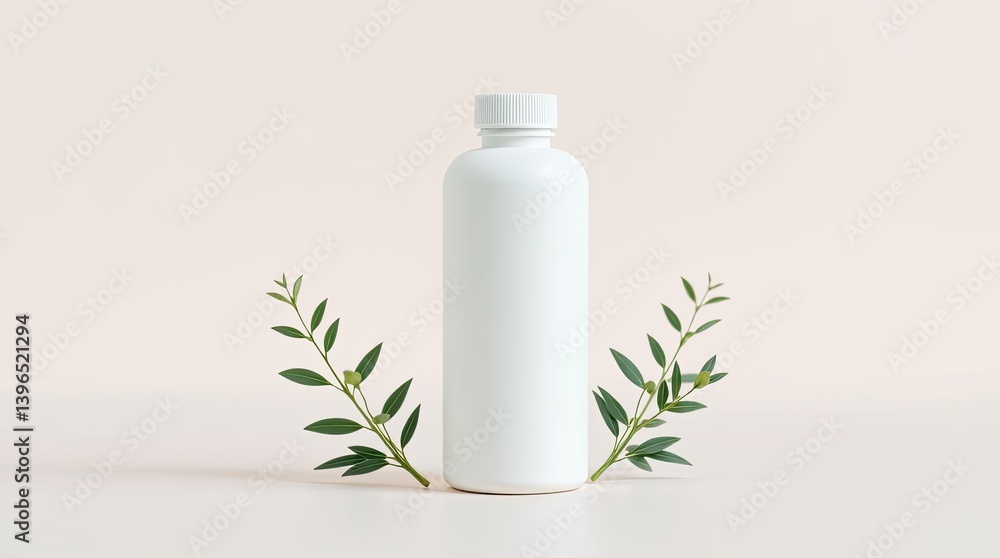 Blank white bottle with natural greenery for a minimalist product presentation. Blank white bottle with natural greenery for a minimalist product presentation.