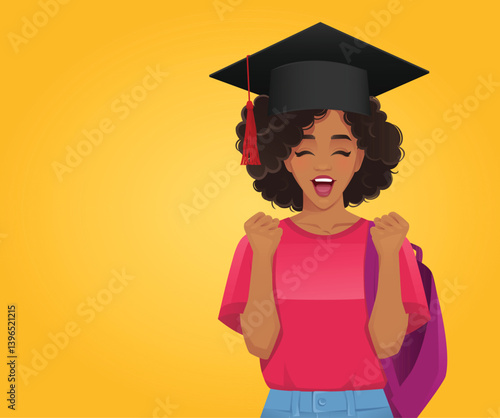 Happy and excited portrait of young African American student girl in hat of graduation. Isolated isolated vector illustration on yellow background