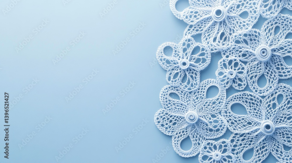 Naklejka premium Delicate Crochet Flowers on Blue Background with Empty Space for Text