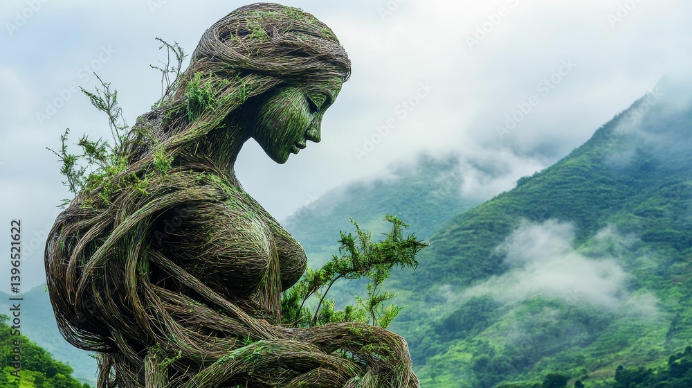 Fototapeta premium Tree nymph statue with mountain background nature art sculpture fantasy figure.