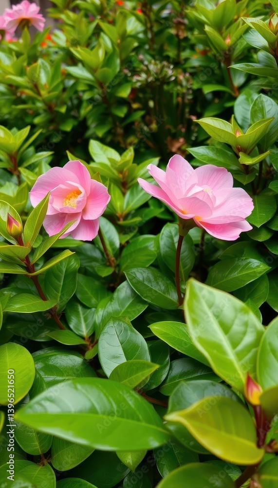 Delicate pink camellia flower amidst vibrant green foliage in a lush garden, pink, texture Delicate pink camellia flower amidst vibrant green foliage in a lush garden, pink, texture