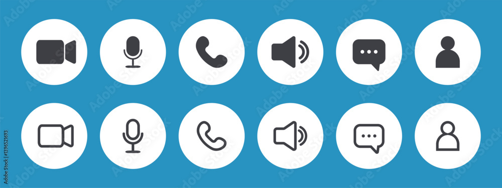 Icon Videocall. UI interface video chat. Set of buttons for online business webinar. Communication symbols. Flat Vector illustration. Icon Videocall. UI interface video chat. Set of buttons for online business webinar. Communication symbols. Flat Vector illustration.