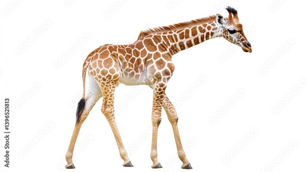Fototapeta premium Graceful giraffe calf isolated on a white backdrop, showcasing elegant pattern