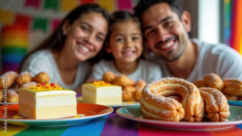 Obraz premium A joyful family gathers around a table filled with traditional Mexican treats like tres leches cake and churros, celebrating together in a vibrant atmosphere.