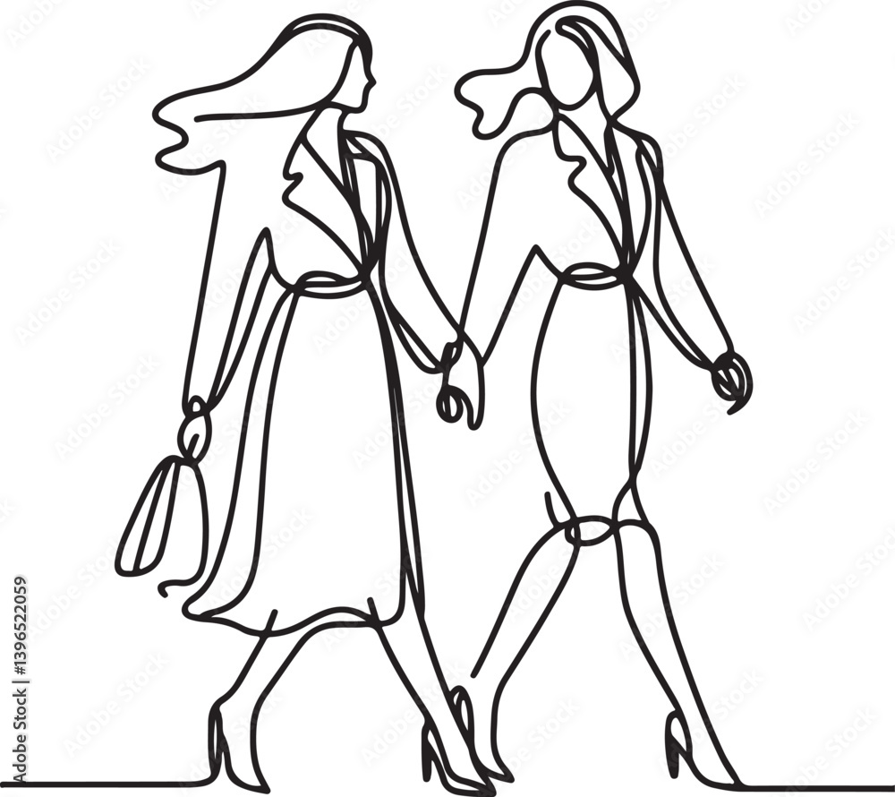 Fototapeta premium Elegant Line Drawing of Two Women Walking Together Vector Art Design
