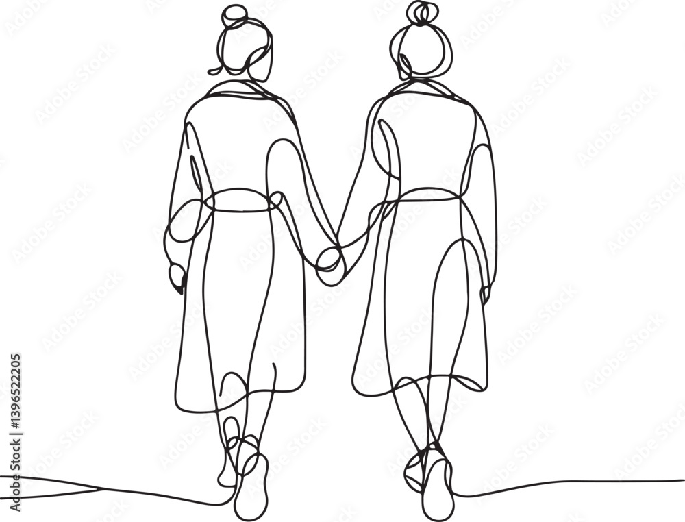 Fototapeta premium Elegant Line Drawing of Two Women Walking Together Vector Art Design