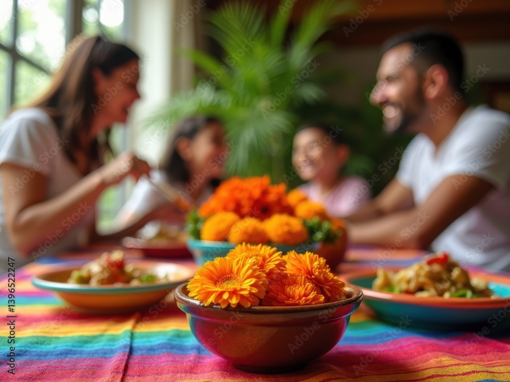 A colorful tablecloth with marigold flowers sets the scene for a joyful family meal filled with laughter and togetherness. A colorful tablecloth with marigold flowers sets the scene for a joyful family meal filled with laughter and togetherness.