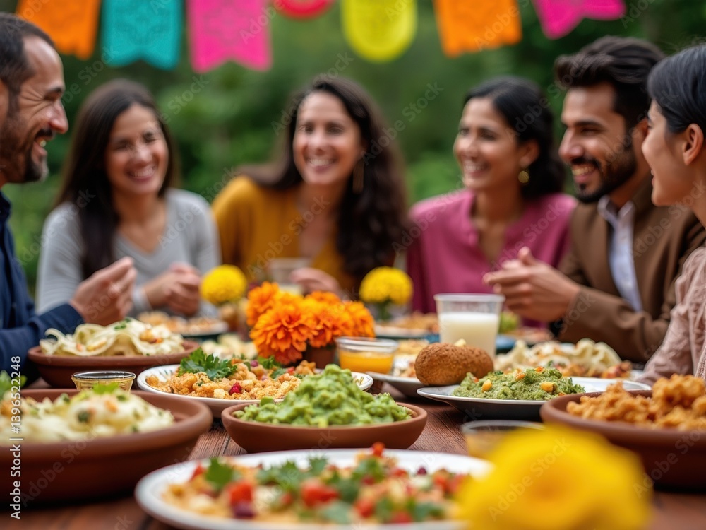 Friends gather around a table filled with traditional Mexican dishes, laughing and enjoying the colorful decorations during a festive occasion. Friends gather around a table filled with traditional Mexican dishes, laughing and enjoying the colorful decorations during a festive occasion.