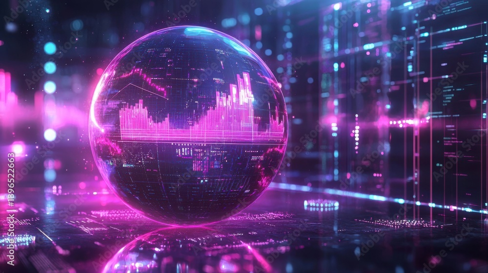 A futuristic digital sphere with vibrant pink and blue hues, displaying data visualizations against a dark, tech-inspired background. A futuristic digital sphere with vibrant pink and blue hues, displaying data visualizations against a dark, tech-inspired background.