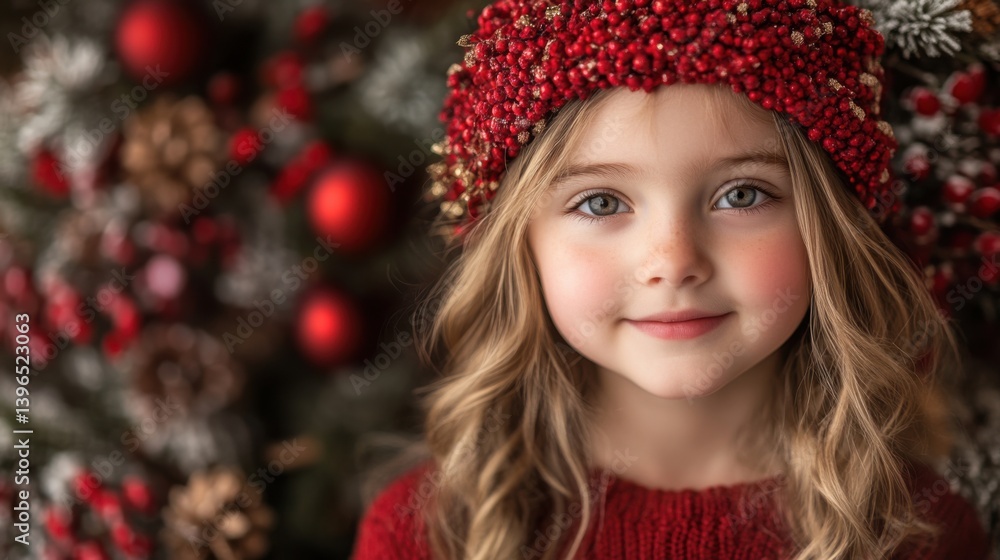 A charming young girl in a festive red hat smiles warmly, surrounded by holiday decorations, creating a joyful and cozy atmosphere. A charming young girl in a festive red hat smiles warmly, surrounded by holiday decorations, creating a joyful and cozy atmosphere.
