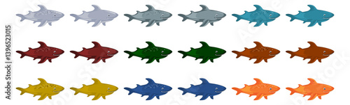 Vector ocean fish set of sharks in vibrant colors