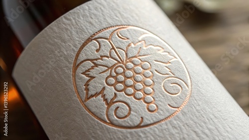 Elegant wine label featuring embossed grapevine design on textured paper.