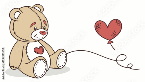Cute brown teddy bear toy holds a red heart, a sweet vector illustration of love for Valentine's Day