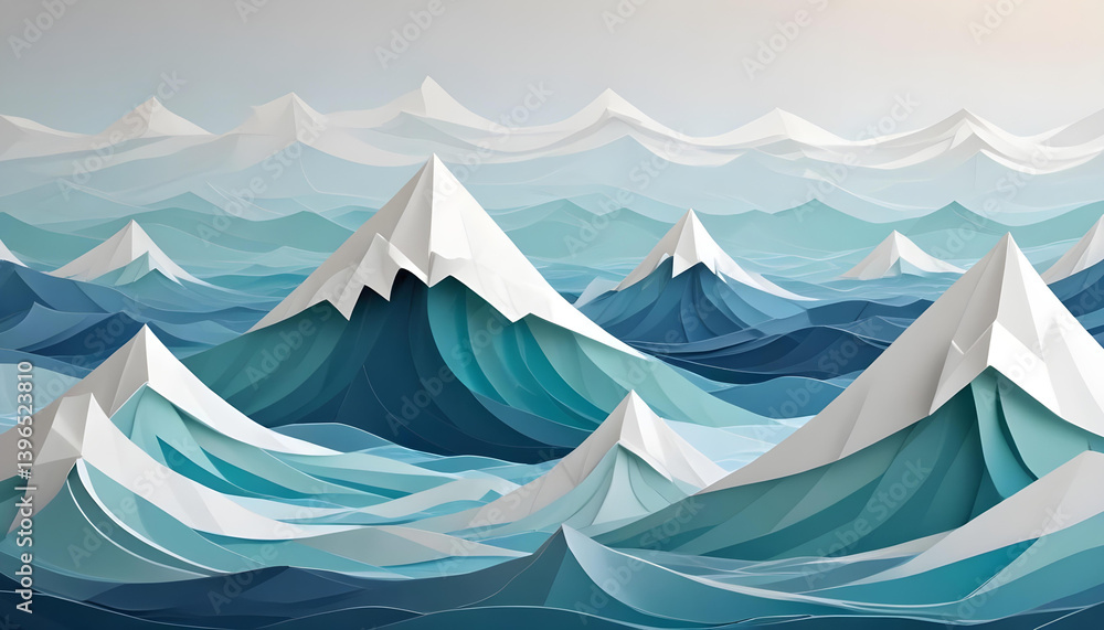 Abstract mountain range merges with ocean waves, rendered in a minimalist art style. Abstract mountain range merges with ocean waves, rendered in a minimalist art style.