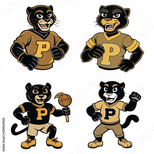 Set of Black Panther Sport Mascot in Vintage Retro Hand Drawn Style