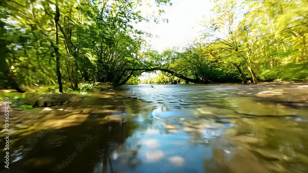 A serene river scene surrounded by lush green trees. A serene river scene surrounded by lush green trees.