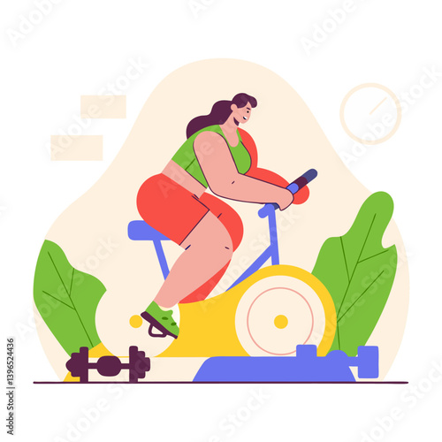 Healthy woman exercising on stationary bike flat vector icon