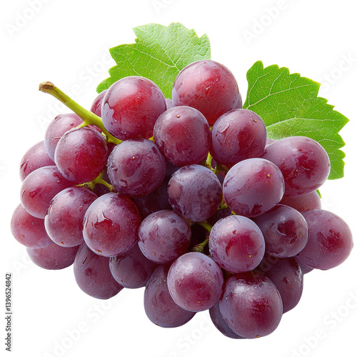 A bunch of fresh ripe grapes on the vine with green leaves  long title A cluster of plump juicy red grapes with green leaves attached freshly