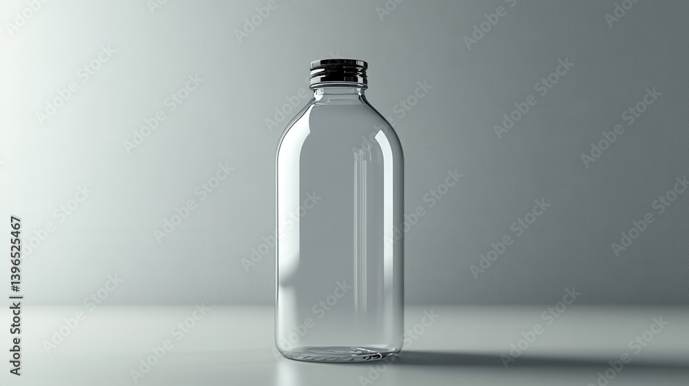 A clear glass bottle stands upright on a reflective surface, illuminated by soft light, showcasing its transparent design against a minimalistic background. A clear glass bottle stands upright on a reflective surface, illuminated by soft light, showcasing its transparent design against a minimalistic background.