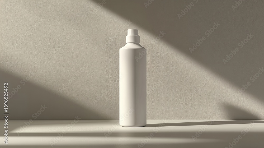 A minimalist scene featuring a white bottle on a light surface, illuminated by soft shadows against a textured, neutral background. A minimalist scene featuring a white bottle on a light surface, illuminated by soft shadows against a textured, neutral background.