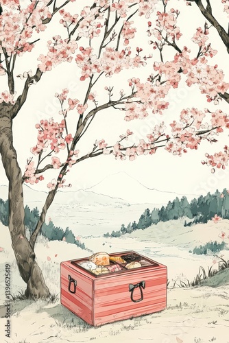A pink box sits under a blooming tree in a serene landscape.