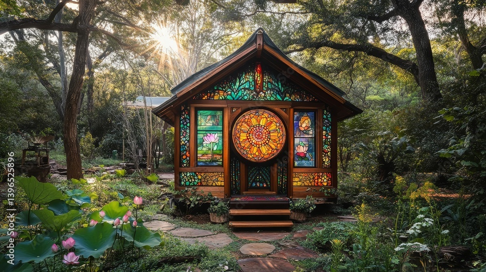 Small ornate building with stained glass in a lush green forest setting. Small ornate building with stained glass in a lush green forest setting.