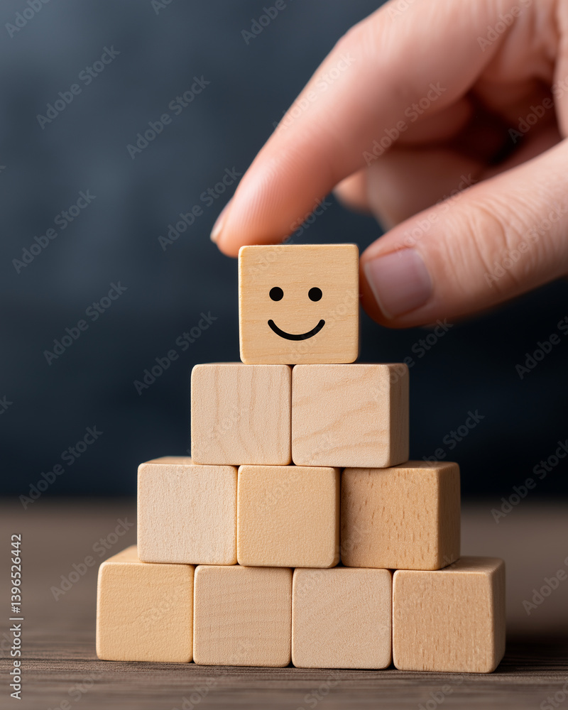 Obraz premium Customer service evaluation and satisfaction survey concepts. The clients hand-picked the happy face smile face symbol on wooden blocks, feedback review, rating excellent. positive