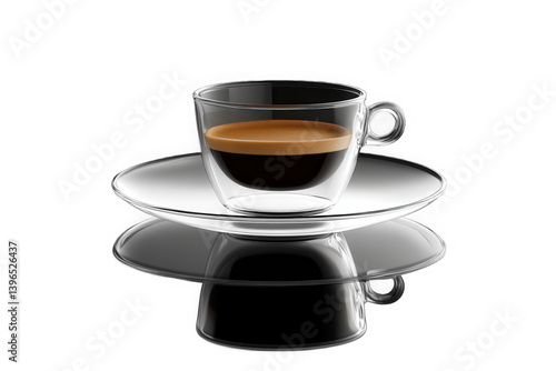 Espresso in clear cup on saucer with reflection on surface