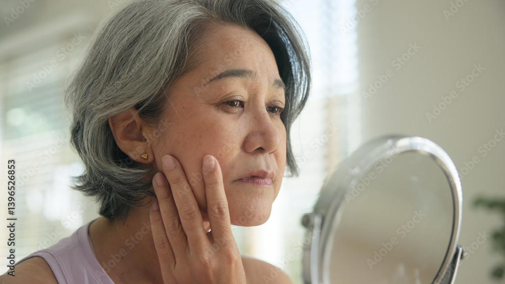 Asia adult people middle age old woman look at mirror dry skin face hand touch neck cheek stress sad at home elder health care aging beauty issue. Asian female aged eye botox filler plastic surgery. Asia adult people middle age old woman look at mirror dry skin face hand touch neck cheek stress sad at home elder health care aging beauty issue. Asian female aged eye botox filler plastic surgery.