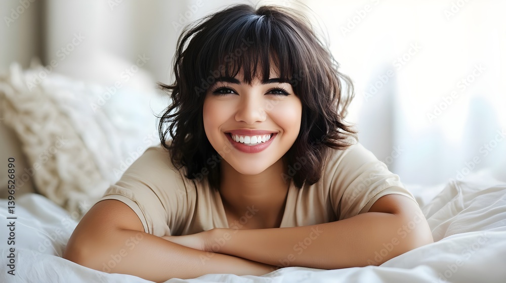 Woman in Pajamas Lying on Bed Smiling and Enjoying Relaxation Woman in Pajamas Lying on Bed Smiling and Enjoying Relaxation
