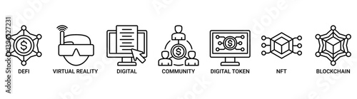 Metaverse icon set. Containing icon of defi, virtual reality, digital asset, community, digital token, nft, blockchain and ecosystem icons. Outline vector symbol background.