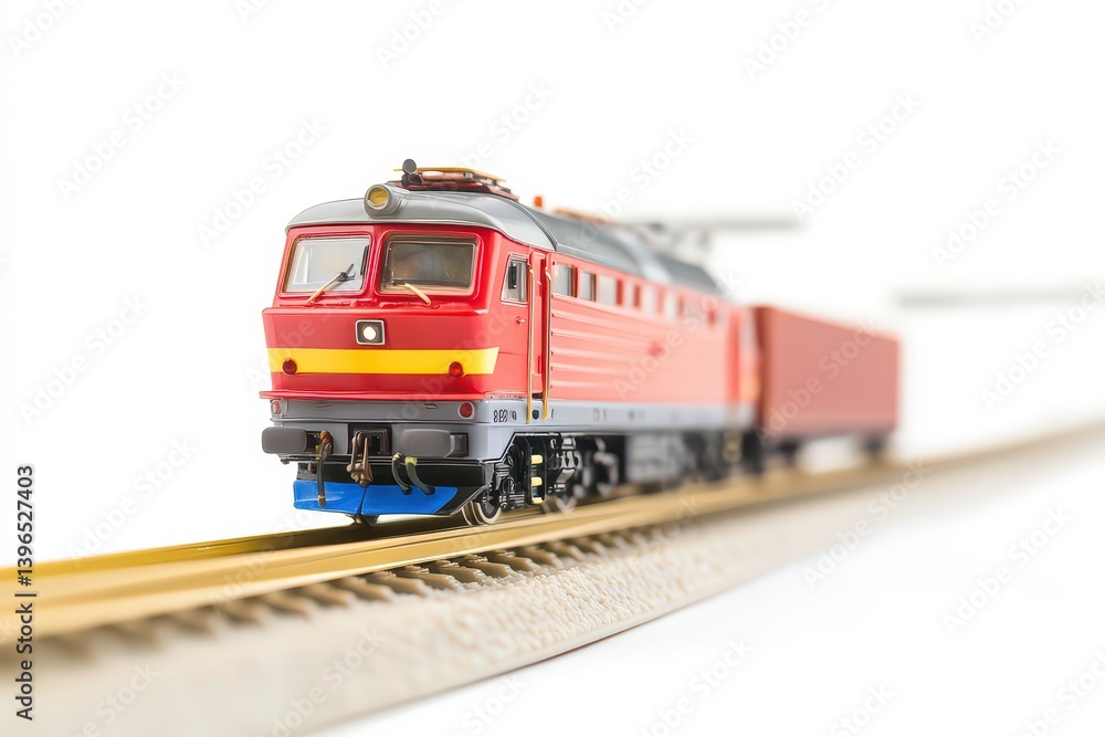 Fototapeta premium A vibrant model train navigating a miniature railway with a blurred background, showcasing precision