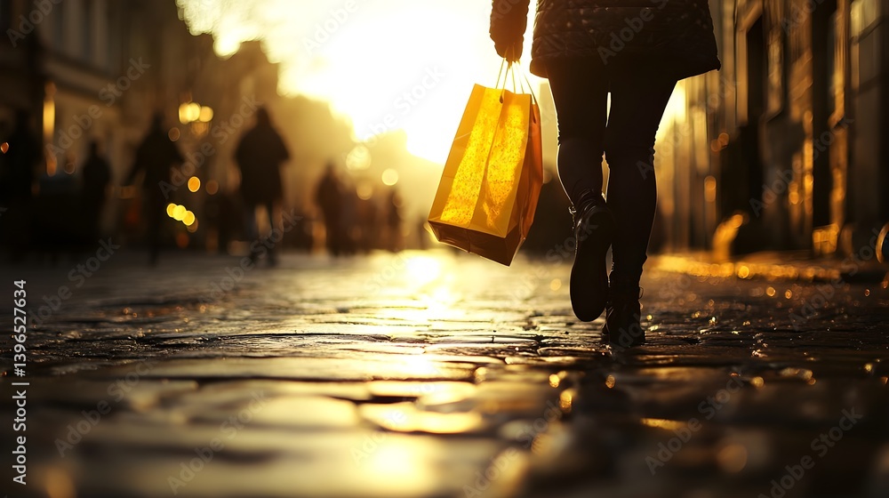 Obraz premium Woman Walking on Street at Sunset with Yellow Shopping Bag