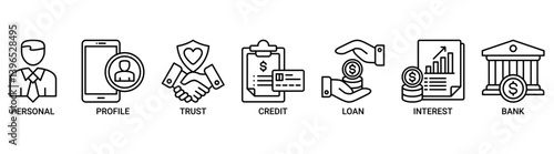 Microcredit icon set. Containing icon of personal, profile, trust, credit, loan, interest and bank icons. Outline vector symbol background.