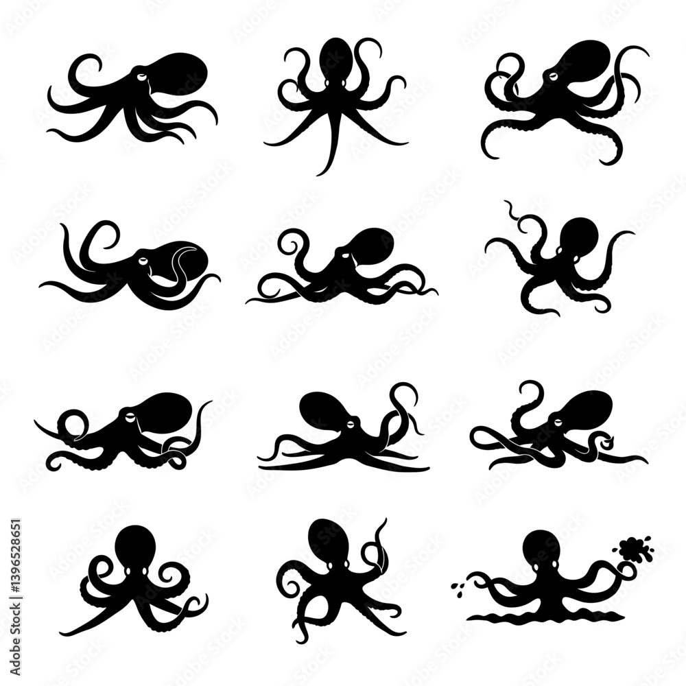 Octopus Silhouettes 12 Black Ink Illustrations. Octopus Silhouettes 12 Black Ink Illustrations.