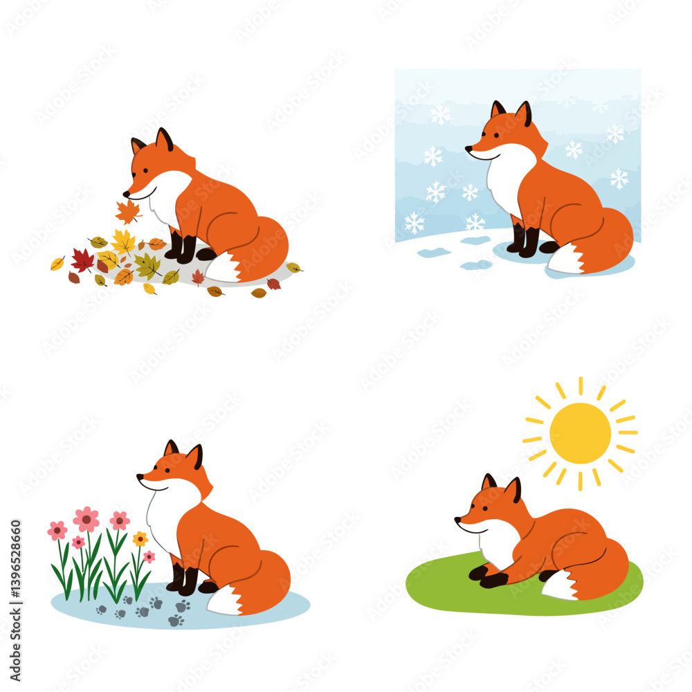 Fototapeta premium Fox Seasons Vector Autumn with Winter, Spring, and Summer.