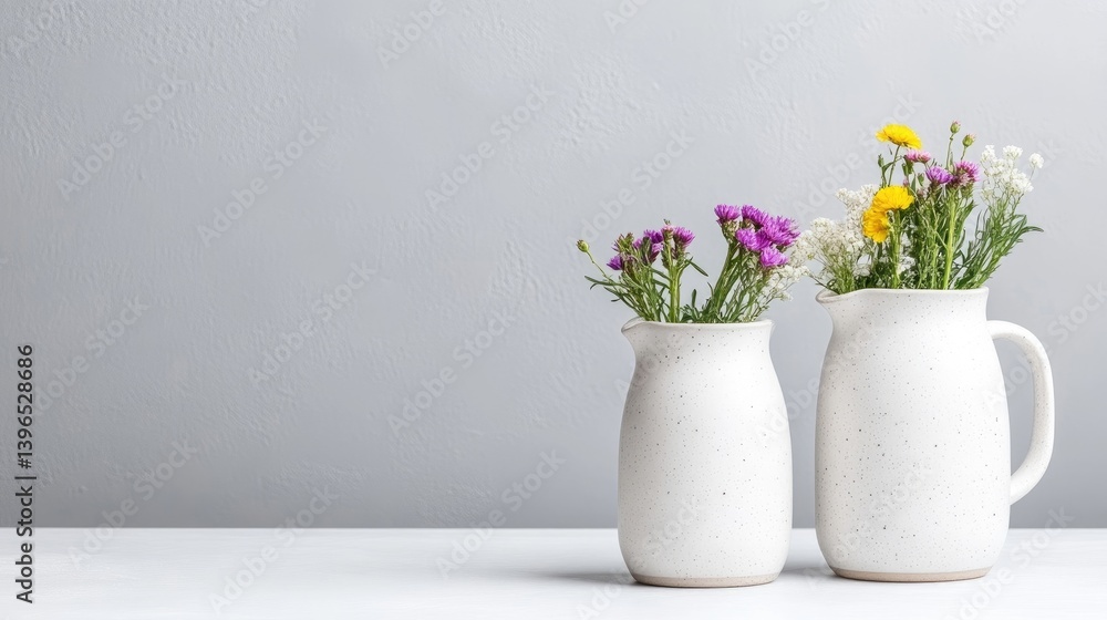 Simple flower arrangement in ceramic pitchers Simple flower arrangement in ceramic pitchers