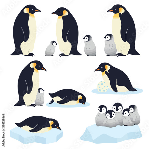 Emperor Penguins Family Antarctic Wildlife Illustration.
