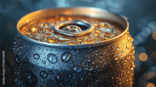 A can of soda is sitting on a table with condensation on the outside