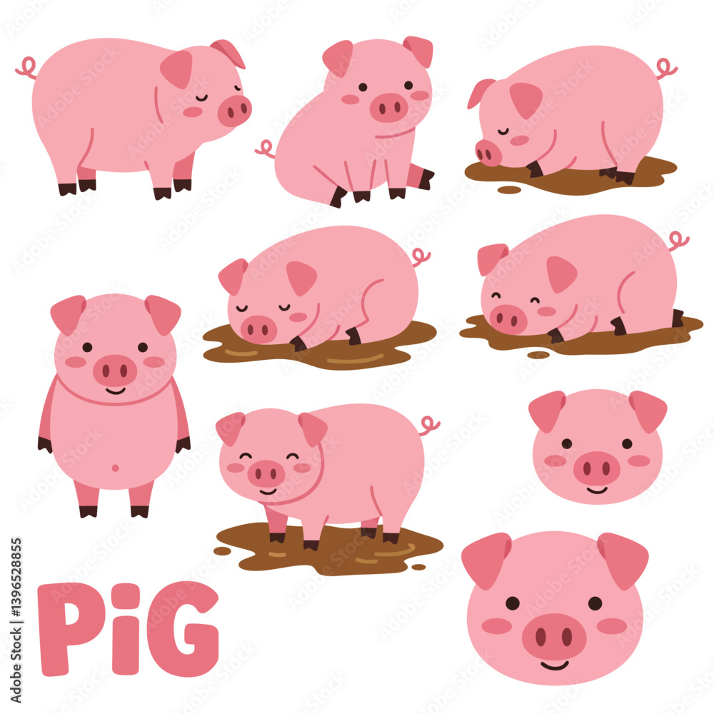 Pink Pig Set Cute Farm Animals Isolated Vector. Pink Pig Set Cute Farm Animals Isolated Vector.