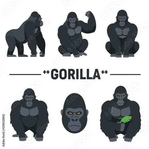 Gorilla vector set with primate animal illustrations.