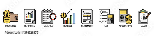 Fiscal year icon set. Containing icon of budgeting, reporting, calendar, revenue, statement, tax, accounting, and audit icons. Outline color vector symbol background.