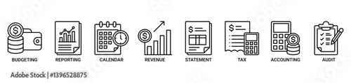 Fiscal year banner web icon set vector illustration concept with icon of budgeting, reporting, calendar, revenue, statement, tax, accounting, and audit icons. Outline vector symbol background.