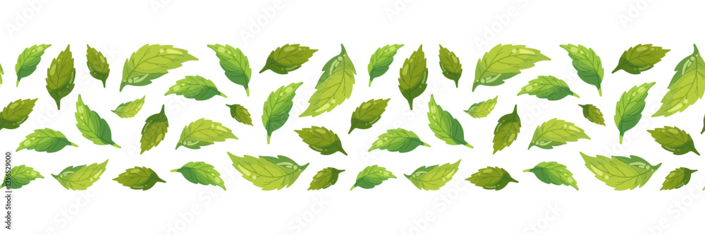 Mint leaves horizontal seamless pattern isolated on white background, tea leaf for long banner, eco package, spring summer fabric fresh print, balm health pharmacy, botanical design, ecology wrapping Mint leaves horizontal seamless pattern isolated on white background, tea leaf for long banner, eco package, spring summer fabric fresh print, balm health pharmacy, botanical design, ecology wrapping