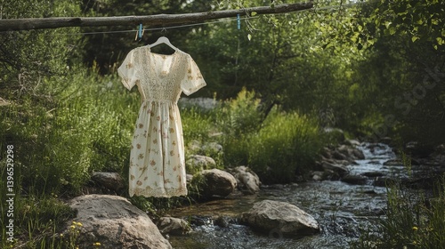 Dress hangs on a branch over a stream surrounded by green foliage.