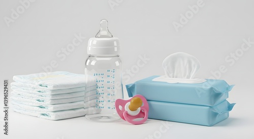 Baby care essentials including bottle, pacifier, diapers, and baby wipes, neatly arranged on white background