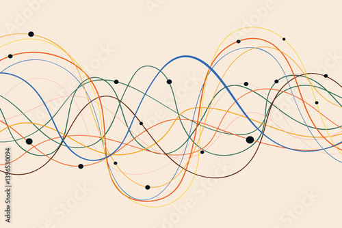 Colorful Wave Line Pattern with Black Dots on Beige Background. Dynamic playful overlapping lines with rhythmic flow. Perfect for music posters, branding, and web
