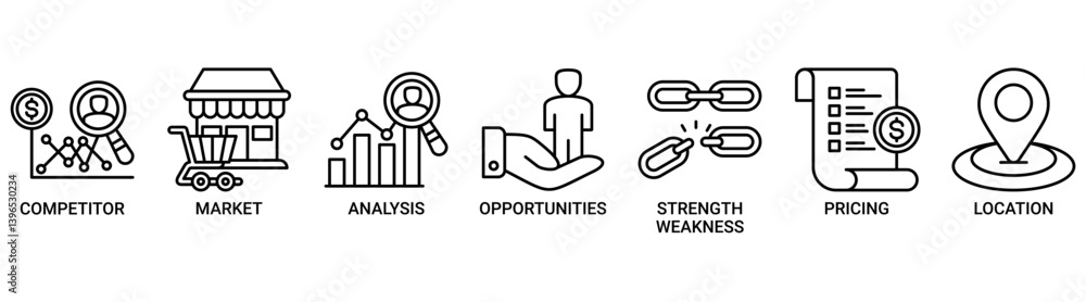 Competitor analysis icon set Containing icon of competitor, market, analysis, opportunities, strength weakness, pricing and location icons. Outline vector symbol background. Competitor analysis icon set Containing icon of competitor, market, analysis, opportunities, strength weakness, pricing and location icons. Outline vector symbol background.