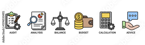 Accounting icon set. Containing icon of audit, analysis, balance, budget, calculation, and advice icons. Outline color vector symbol background.